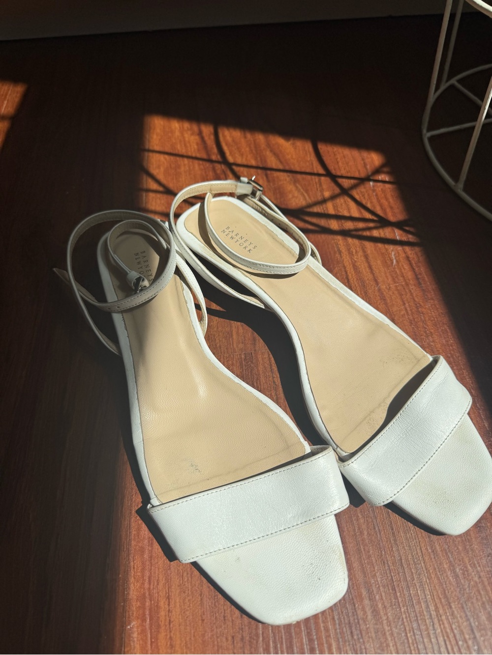 Barneys New York White Leather Ankle-Strap Sandals
